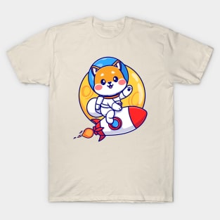 Cute Shiba Inu Astronaut Riding Rocket In Moon Space Cartoon T-Shirt